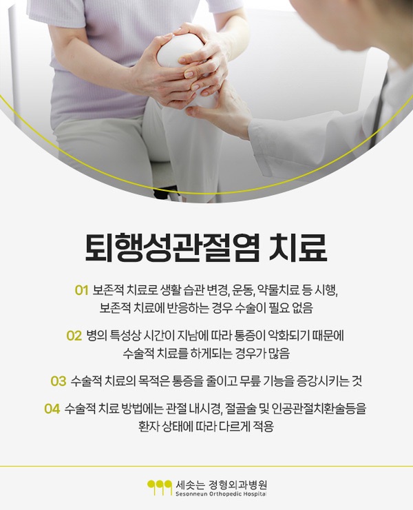 퇴행성관절염 치료 네 가지 — 보존적 치료로 생활 습관 변경과 운동과 약물치료를 시행하고 반응하는 경우 수술이 필요 없으며, 병의 특성상 시간이 지남에 따라 통증이 악화되어 수술적 치료를 하게 되는 경우가 많고, 수술적 치료의 목적은 통증을 줄이고 무릎 기능을 증강시키는 것이며, 방법에는 관절 내시경과 절골술 및 인공관절치환술이 있어 환자 상태에 따라 다르게 적용된다는 안내
