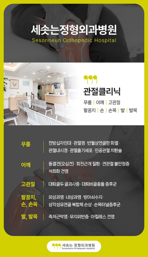 세솟는정형외과병원 관절클리닉 진료 범위 — 무릎은 전방십자인대·관절염·반월상연골판 파열·관절내시경·관절줄기세포·인공관절 치환술, 어깨는 동결견(오십견)·회전근개 질환·견관절 불안정증·석회화 건염, 고관절은 대퇴골두 골괴사증·대퇴비골충돌 증후군, 팔꿈치와 손과 손목은 외상과염·내상과염·방아쇠수지·삼각섬유연골 복합체 손상·손목터널증후군, 발과 발목은 족저근막염·무지외반증·아킬레스 건염