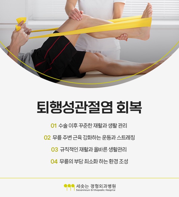 퇴행성관절염 회복기 관리 네 가지 — 수술 이후 꾸준한 재활과 생활 관리, 무릎 주변 근육을 강화하는 운동과 스트레칭, 규칙적인 재활과 올바른 생활관리, 무릎의 부담을 최소화하는 환경 조성